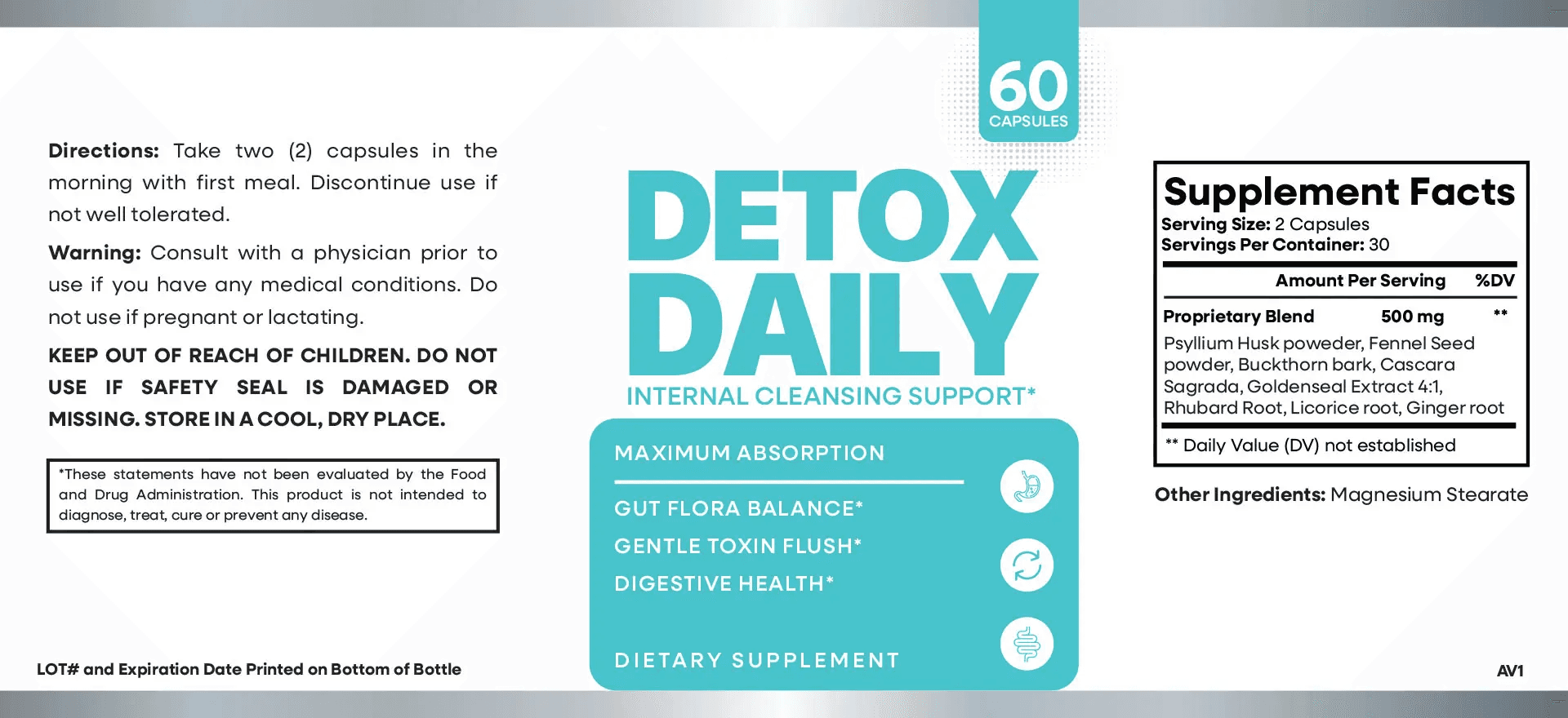 Detox Daily ingredient label and supplement facts