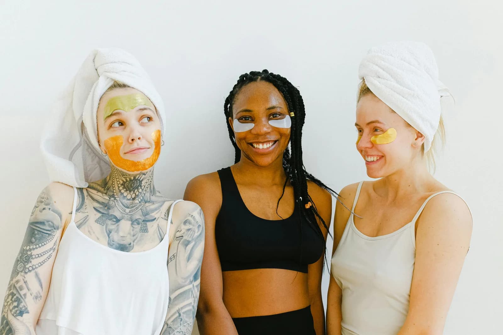 Beauty collection — three women with face masks and eye patches